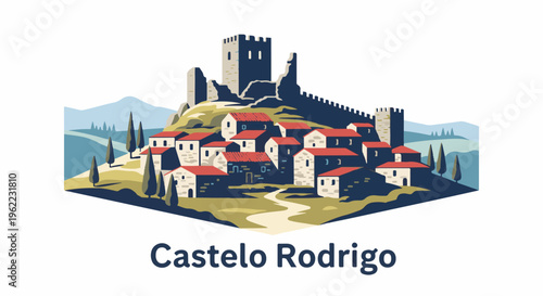 A medieval village with a castle on a hill, surrounded by trees and distant hills