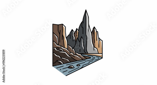 A river flows through a rugged mountain canyon with sharp peaks