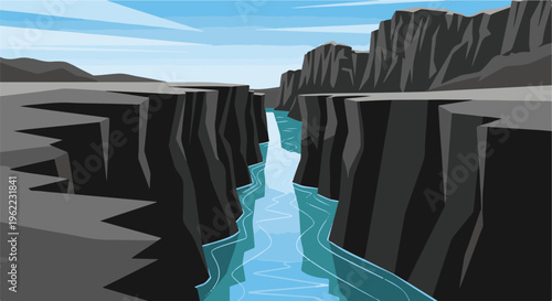 A river flows through a steep canyon with rocky cliffs under a cloudy sky