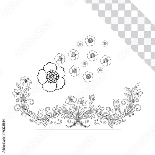 Floral Line Art Vector Illustration Isolated on Transparent Background
