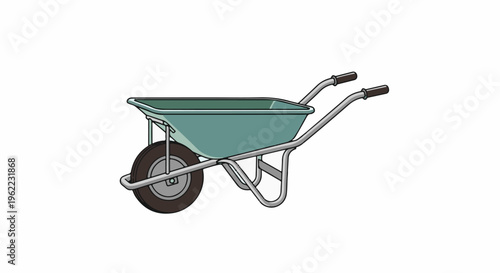 A single teal wheelbarrow with a grey frame and brown handles