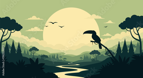 Silhouette of a toucan perched on a branch in a jungle landscape.