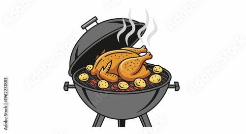 A roasted chicken and potatoes on a barbecue grill with steam
