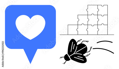 Communication concept. Communication expressed through a heart symbol and puzzle pieces, indicating problem-solving. Small insect introduces dynamic element to communication theme. Key include