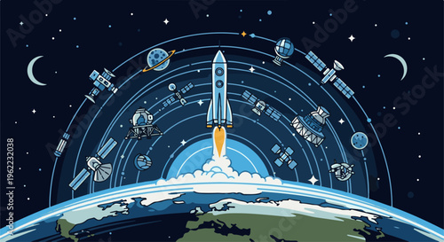 A rocket launches from Earth, surrounded by orbiting satellites and celestial bodies