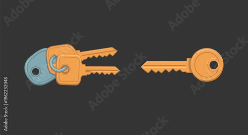 A light blue key and two orange keys are clustered together, separate from a single orange key