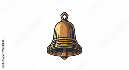 A metallic bell with a prominent clapper and decorative bands
