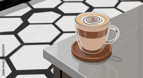 A layered latte with a swirled design sits on a saucer on a table