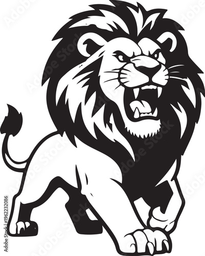 A fierce black and white graphic illustration of a roaring lion in a classic sports mascot style