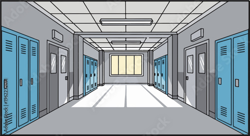 A linear perspective drawing of a school hallway with lockers and doors