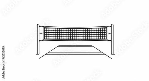 A minimalist black and white line drawing of a volleyball net and court
