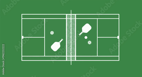 A minimalist illustration of a pickleball court with racquets and balls