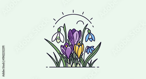 A minimalist illustration of blooming spring flowers under a stylized sun