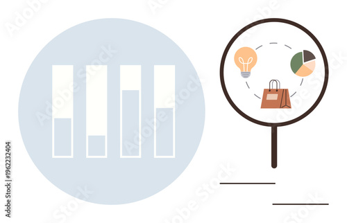 Market research, data analytics, business growth, consumer behavior, innovation, visual storytelling. Magnifying glass focusing on icons with bar chart. Market research and data analytics concept