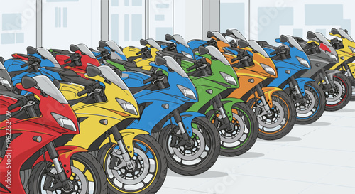 A row of brightly colored, sleek sport bikes are parked in a showroom