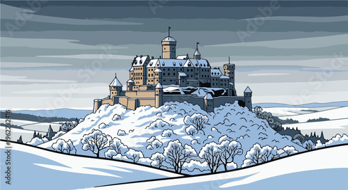 A large, snow-covered castle sits atop a hill