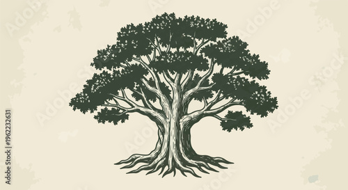 A large, old tree with extensive roots and branches is rendered in dark green