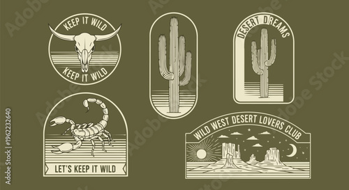 Modern Desert Badges with Detailed Line Art, ideal for branding, apparel design, and travel promotions.
