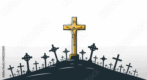 A large golden crucifix with Jesus stands on a hill amidst many darker crosses