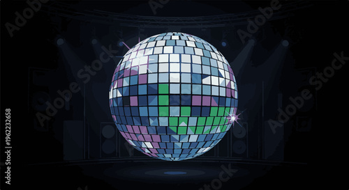 A large disco ball sparkles with light on a dark stage with speakers