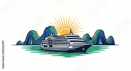 A large cruise ship sails past dramatic karst mountains at sunrise