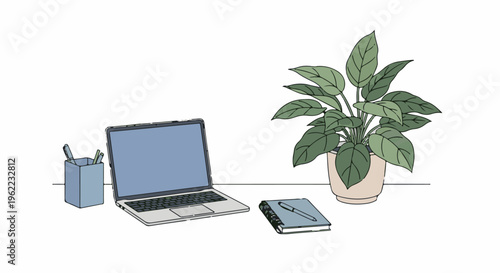 A laptop, potted plant, and stationery sit on a desk