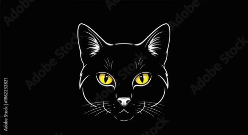 A stylized black cat face with bright yellow eyes on a black background