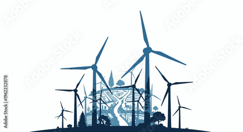 A landscape with many wind turbines and a village in the background