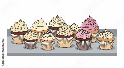 A row of various frosted cupcakes on a tray, some with sprinkles