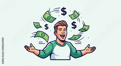 A joyful person with outstretched arms, showered with falling dollar bills