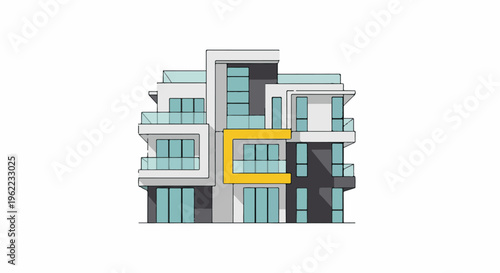 A modern multi-story building with balconies and large windows