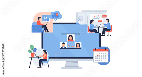 Remote Work & Online Collaboration Illustration: Global Teams on Video Conference, Working from Home, and Managing Digital Tasks for Flexible Business Productivity