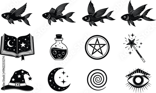 Magical Occult Vector Set Featuring Flying Fish Grimoire Spell Book Potion Bottle Pentagram Magic Wand Wizard Hat Moon and Mystical Eye for Fantasy Design