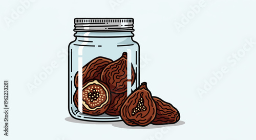 A jar filled with dried figs, with some lying on the side