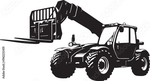 Tractor, forklift, telehandler, construction vehicle, heavy equipment, black, silhouette, vector