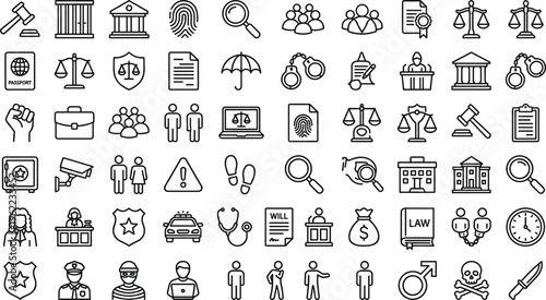 Law and Justice Line Icon Set with Courtroom, Legal Documents, Police, Investigation, Security, Criminal Evidence, Scales of Justice, and Government Authority Symbols for UI Design