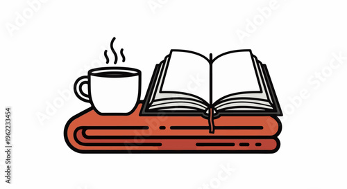 A hot cup of coffee sits next to an open book resting on another book