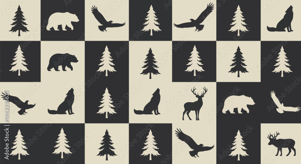 Fototapeta premium Modern Pattern with Forest Animals, on a geometric grid with dynamic silhouettes, concept for website backgrounds, textile prints, and design elements.