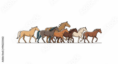 A herd of multi-colored horses trots across a white background