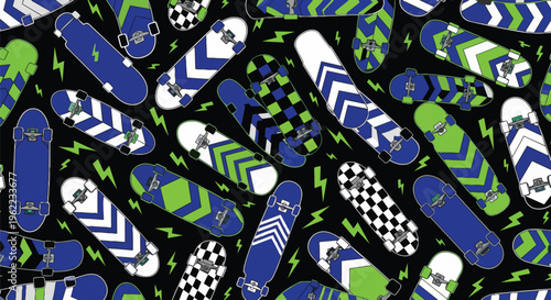 Modern Skateboard Pattern with Dynamic Elements, ideal for skate shop branding, apparel design, and promotional material.