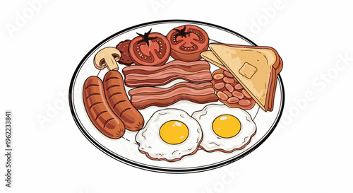 A hearty, traditional cooked breakfast with fried eggs, bacon, sausages, beans, tomatoes, mushroom, and toast