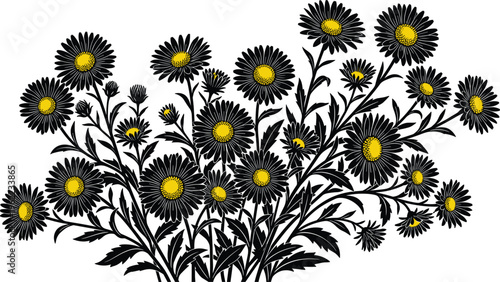 Beautiful bouquet of yellow and black asters with green leaves on a white background, elegant floral arrangement