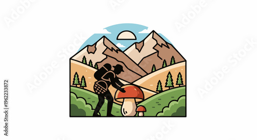 A hiker collecting mushrooms against a mountain backdrop