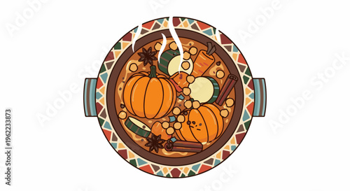 A hearty stew filled with pumpkins, chickpeas, carrots, zucchini, and spices in a decorative pot