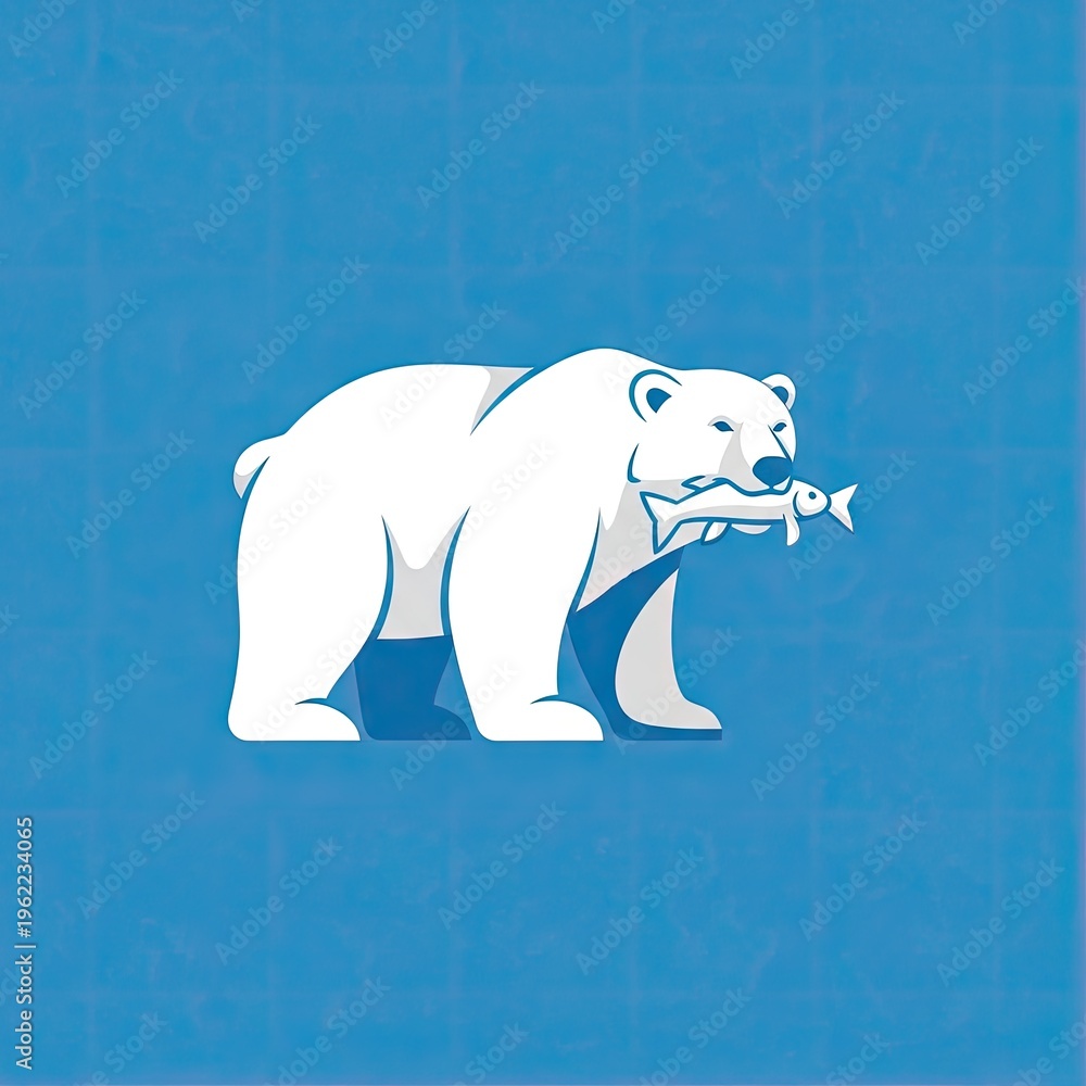 Fototapeta premium Stylized polar bear cartoon with fish on blue background vector illustration