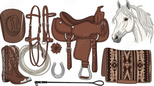 Brown horse saddle and riding gear with white horse head bridle rope boots