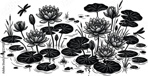 Monochrome illustration of a tranquil pond scene, adorned with blooming water lilies, lush lily pads, and graceful dragonflies, evoking peaceful aquatic garden beauty