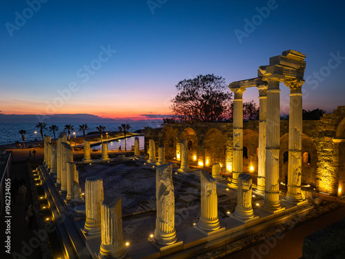 Side Antique City and Athena Temple Drone Photo, Summer Season Mediterranean Beach, Side Antalya, Turkiye (Turkey)