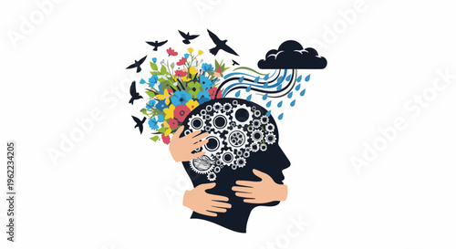 A head silhouette filled with gears, embraced by hands, with flowers, birds, and rain