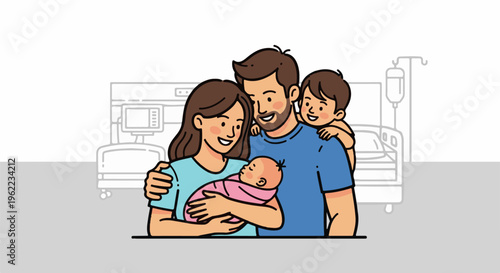 A happy family with a newborn and an older sibling in a hospital setting